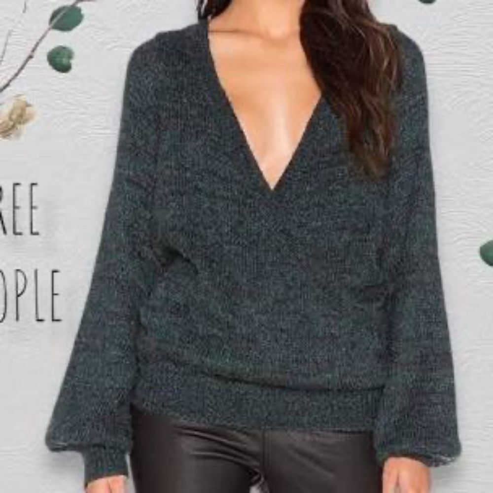 Free People Karina Emerald/Black Marled Slouchy Wrap Front Pullover Sweater Sz S